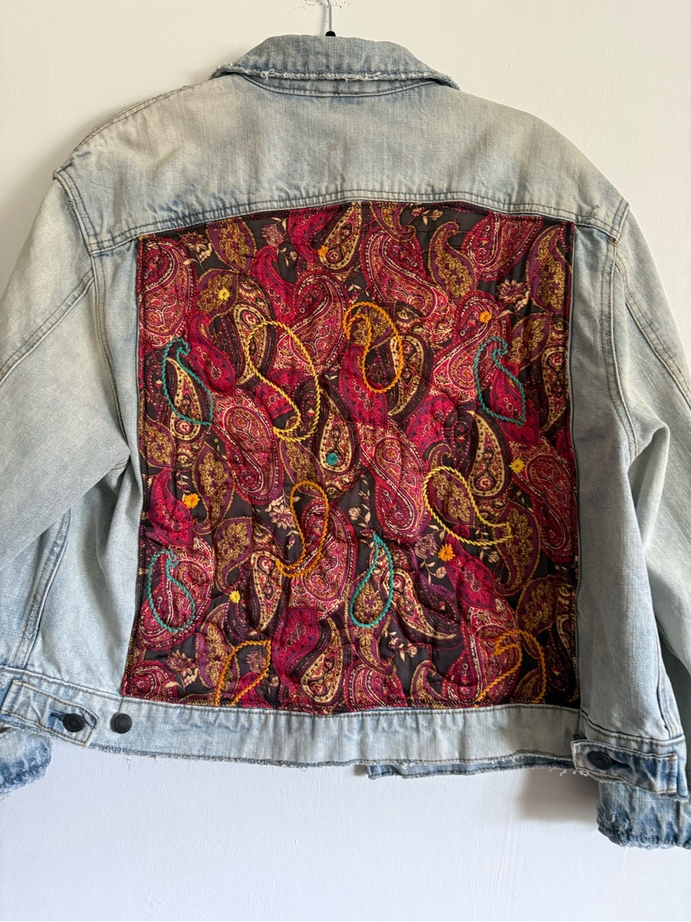 Free People Light Wash Distressed Boho Denim Jacket Paisley M/L